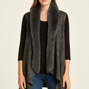 Gray Faux Fur Trim Vest